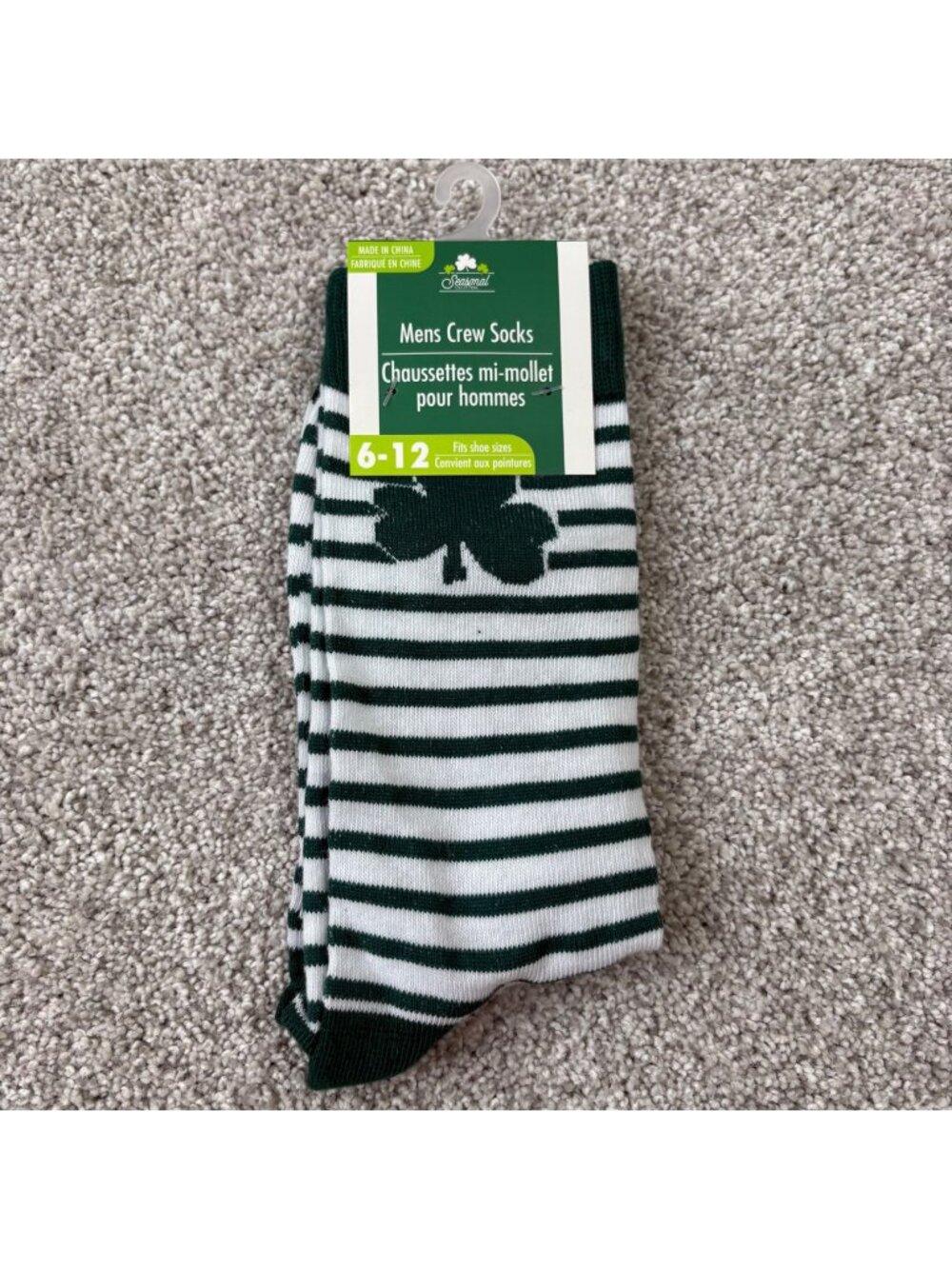 St. Patrick’s Day Clover Socks Mens 6-12 Green Stripes New